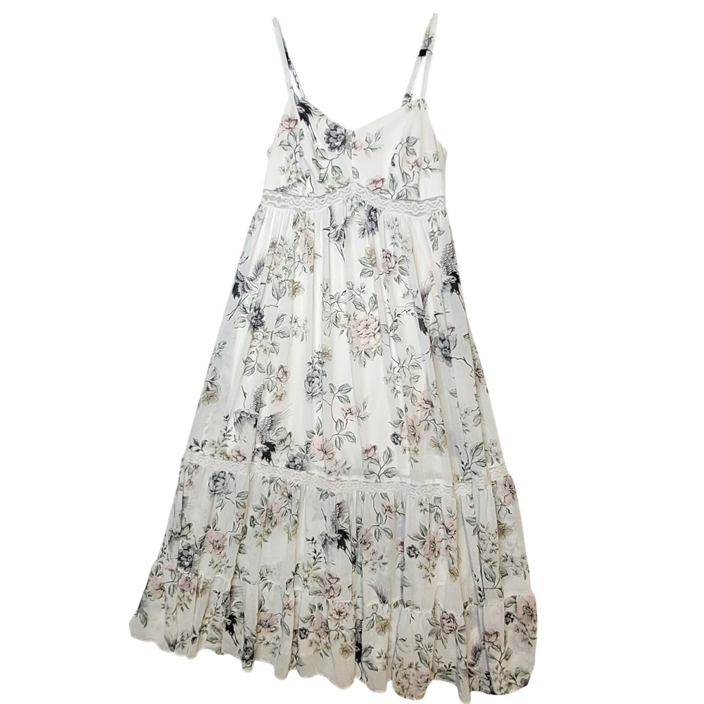 Torrid White Floral Crane Print Maxi Dress Lace Trim Tiered Smocked Back Sz L